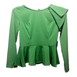 Kate Kasin Women’s Green Peplum Top Size M Long Sleeve Ruffle Shoulder Elegant B